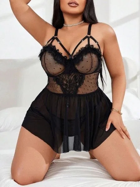 Ruselin Puantiyeli Transparan Dantelli Büyük Beden Body Ruselin 8007 - Görsel 4