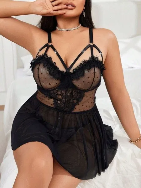 Ruselin Puantiyeli Transparan Dantelli Büyük Beden Body Ruselin 8007 - Görsel 5