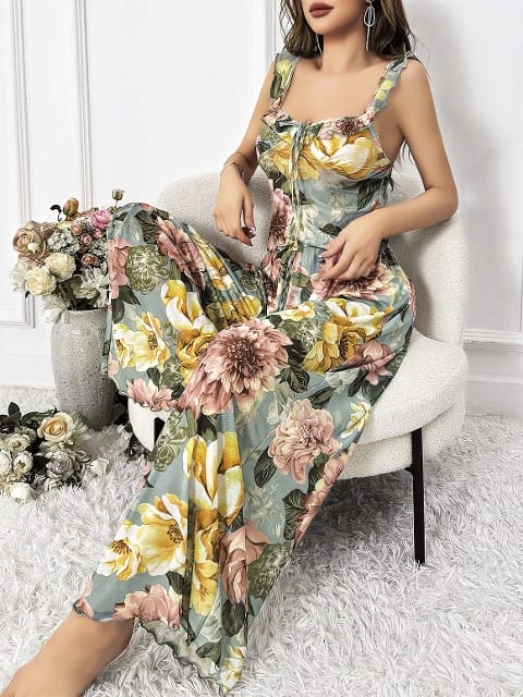 Çiçek Desenli Askılı Bluz Pantolon Takım Lila Pink Night 1453 - Yeşil