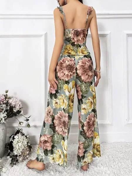 Çiçek Desenli Askılı Bluz Pantolon Takım Lila Pink Night 1453 - 2