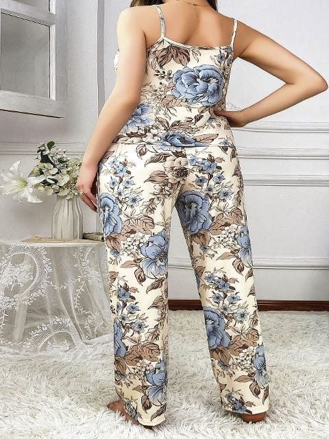 Çiçekli Saten Büyük Beden Kadın Pijama Takımı Pink Night 6906 - Ekru