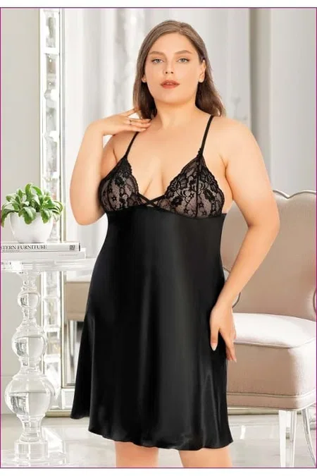 Şeffaf Saten Büyük Beden Body Miss Laris 4029 - Siyah