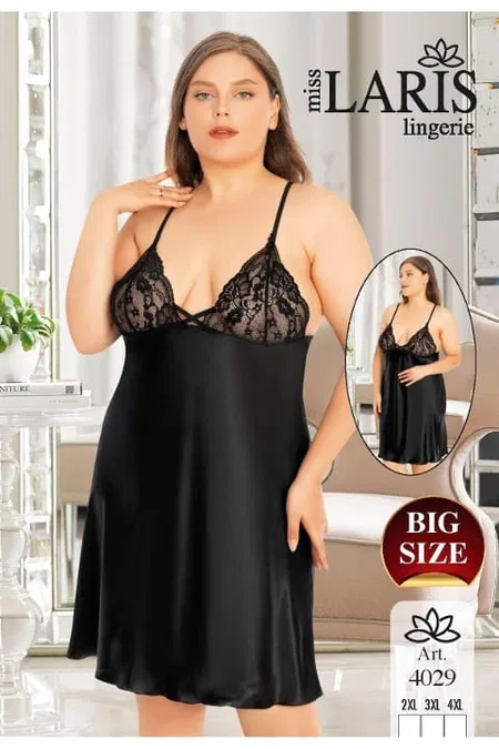 Şeffaf Saten Büyük Beden Body Miss Laris 4029 - Siyah