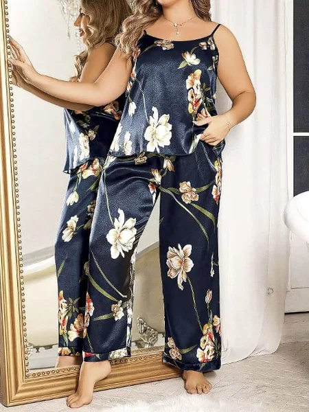 Saten Lacivert Çiçekli Büyük Beden Kadın Pijama Takım Pink Night 6909