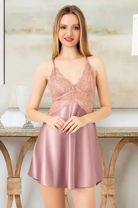Saten Pudra Dantel İşlemeli Gecelik Miss Laris 2084 - Pudra