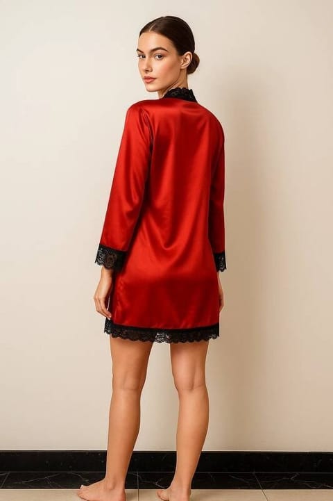 Saten ve Dantel Detaylı Sabahlık Takımı Venlisa 2600 - Kırmızı