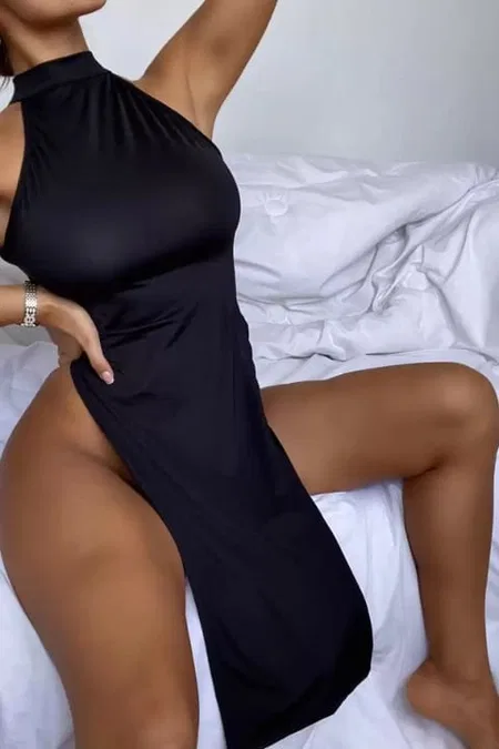 Yanlardan Yırtmaçlı Tek Parça Body Siyah Nathalie 1006 - 2