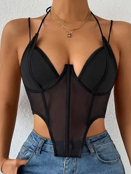 Balenli İnce Askılı Şeffaf Body Beyaz SHE 2003 - Siyah