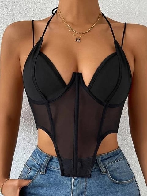 Balenli İnce Askılı Şeffaf Body Beyaz SHE 2003 - Siyah