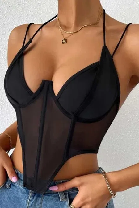 Balenli İnce Askılı Şeffaf Body Beyaz SHE 2003 - Siyah