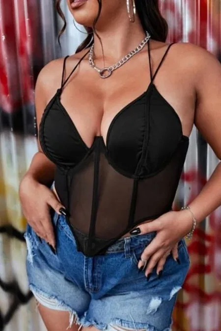 Balenli İnce Askılı Şeffaf Body Beyaz SHE 2003 - Siyah