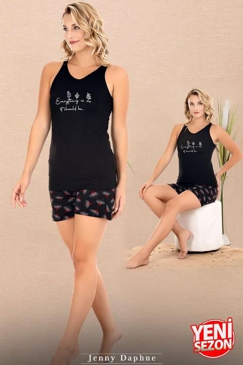 Sıfır Kollu Desenli Viskon Kumaş Şortlu Kadın Pijama Takımı Lady 7733