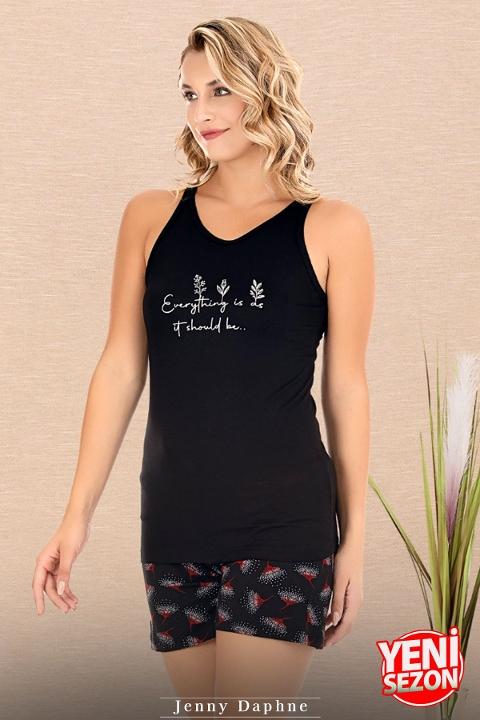 Sıfır Kollu Desenli Viskon Kumaş Şortlu Kadın Pijama Takımı Lady 7733 - Siyah