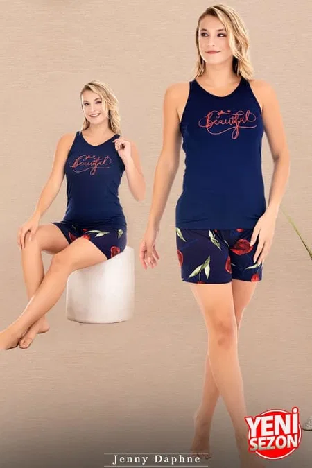 Viskon Çiçek Desenli Sıfır Kollu Şortlu Pijama Takımı Lady 7728 - Lacivert