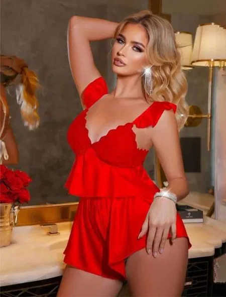 Fırfır Askılı Kırmızı Saten Şort Takım Real Passione 1118 - Kırmızı
