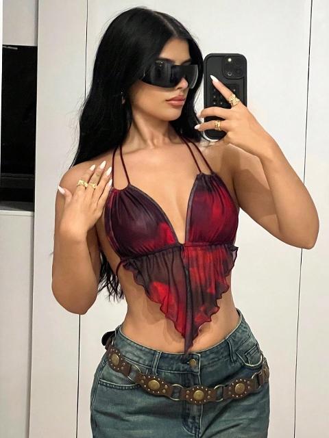 Desenli Tül Sırt Dekolteli Büstiyer Ruselin 5092 - Kırmızı