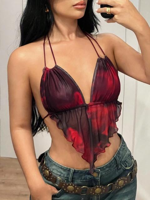 Desenli Tül Sırt Dekolteli Büstiyer Ruselin 5092 - Kırmızı