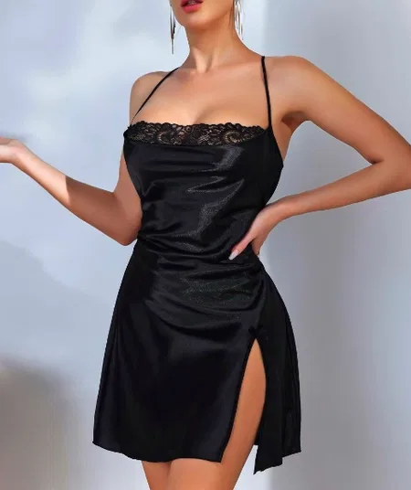 Sırt Dekolteli Çapraz Bağlamalı Saten Body Lily Bianca 452 - Siyah