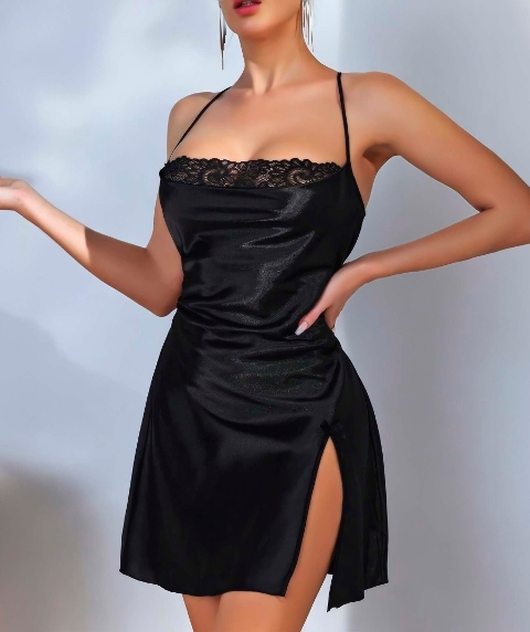 Sırt Dekolteli Çapraz Bağlamalı Saten Body Lily Bianca 452 - Siyah