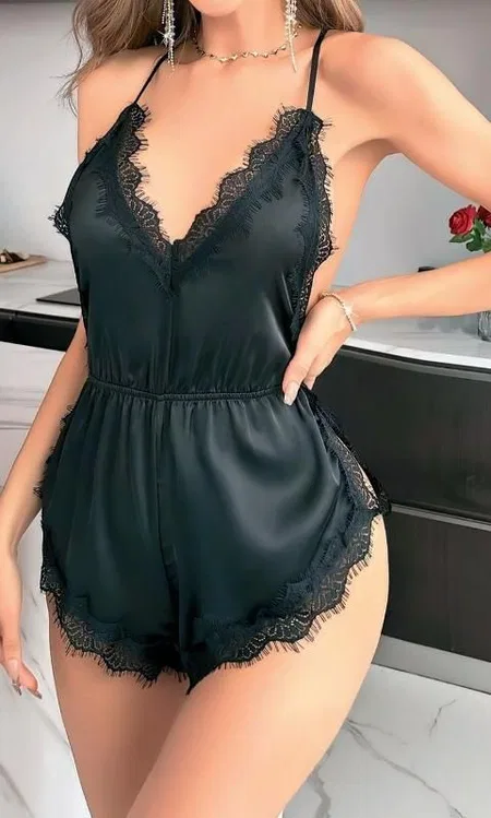 Sırt Dekolteli Dantelli Siyah Fantazi Saten Şort Tulum NightLight 3789 - Siyah