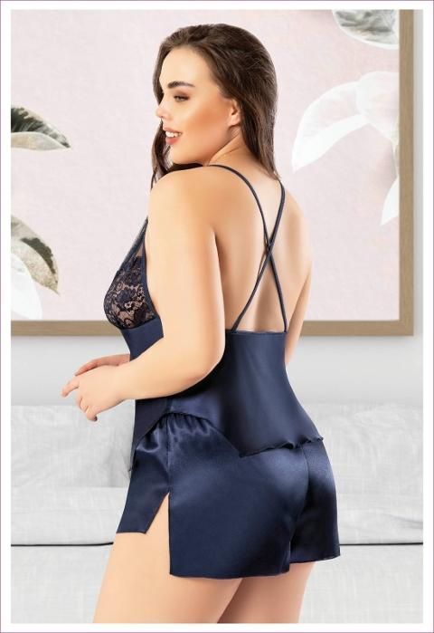 Sırtı Çapraz Askılı Dantelli Yırtmaçlı Saten Pijama Takım Miss Laris 4238 - Lacivert