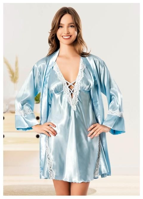 Sırtı Çapraz Askılı Dantelli Gecelik Uzun Kollu Saten Takımı Miss Laris 5073 - Mavi