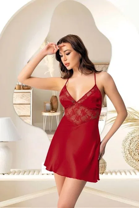 Kısa Dantelli Saten Gecelik Kadın Gecelik Pink Night 3878 - Kırmızı