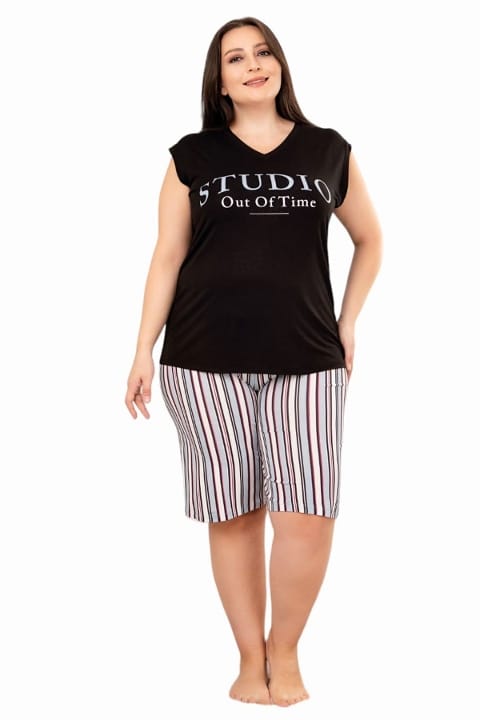 Siyah Beyaz Çizgili Desen Büyük Beden Şort Takım Lady 10402