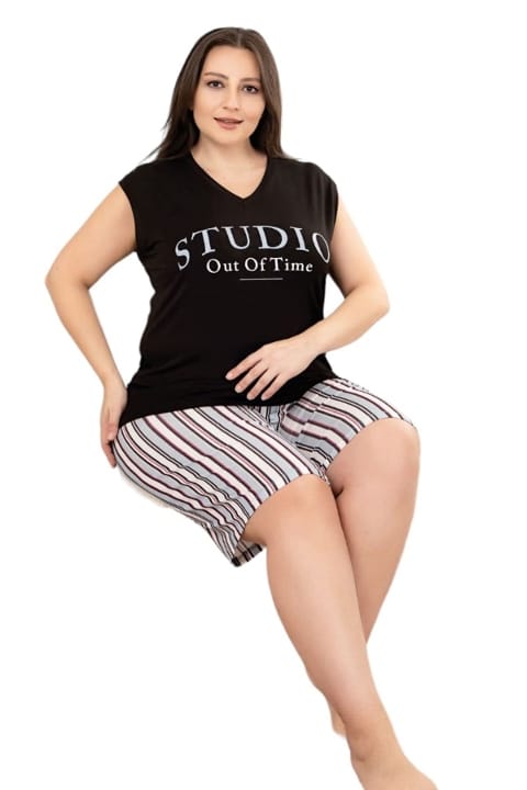 Siyah Beyaz Çizgili Desen Büyük Beden Şort Takım Lady 10402 - Siyah