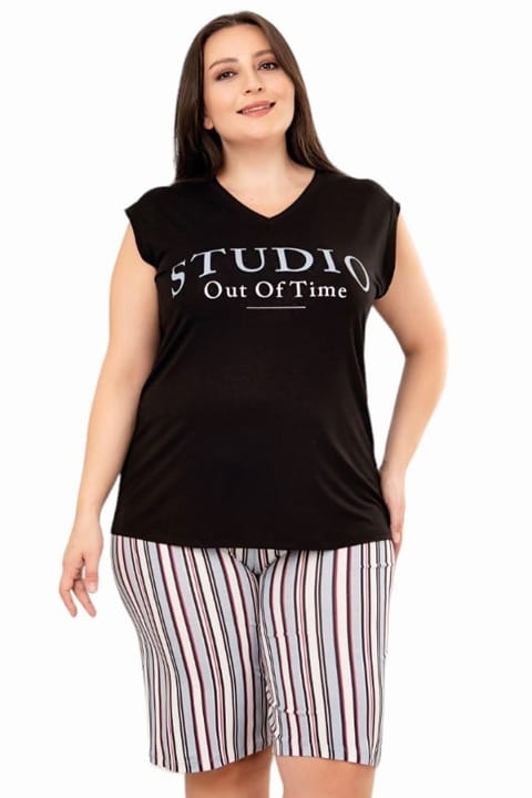 Siyah Beyaz Çizgili Desen Büyük Beden Şort Takım Lady 10402 - Siyah