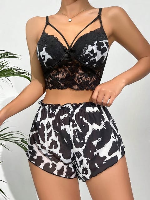 Dantel Detaylı Büstiyer Şort Takım Ruselin 5055 - Siyah