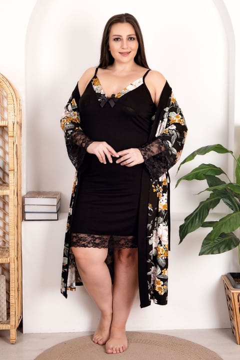 Çiçek Desenli Somon Gecelik Sabahlık Takımı Lady 19202 - Siyah