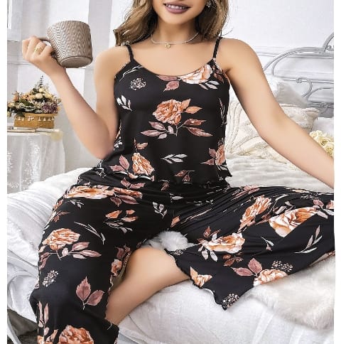 Siyah Çiçek Desenli Büyük Beden Pijama Takımı Pink Night 6913 - Siyah
