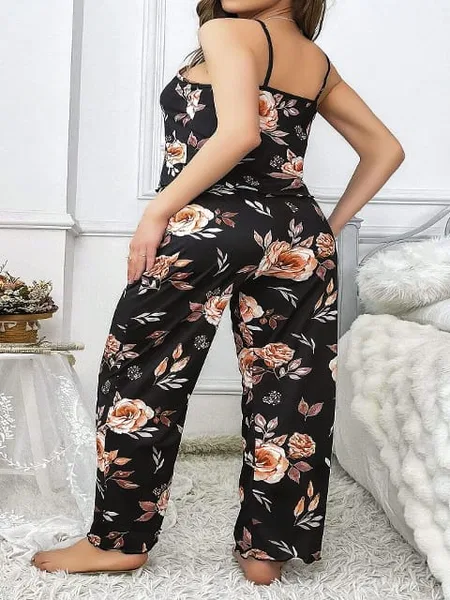 Siyah Çiçek Desenli Büyük Beden Pijama Takımı Pink Night 6913 - 2