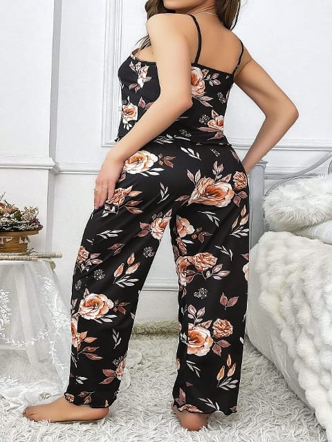 Siyah Çiçek Desenli Büyük Beden Pijama Takımı Pink Night 6913 - Siyah