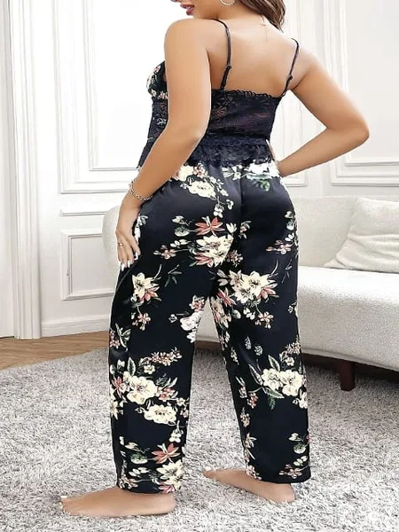 Siyah Çiçekli Saten Pijama Takımı Büyük Beden Pink Night 6911 - 2