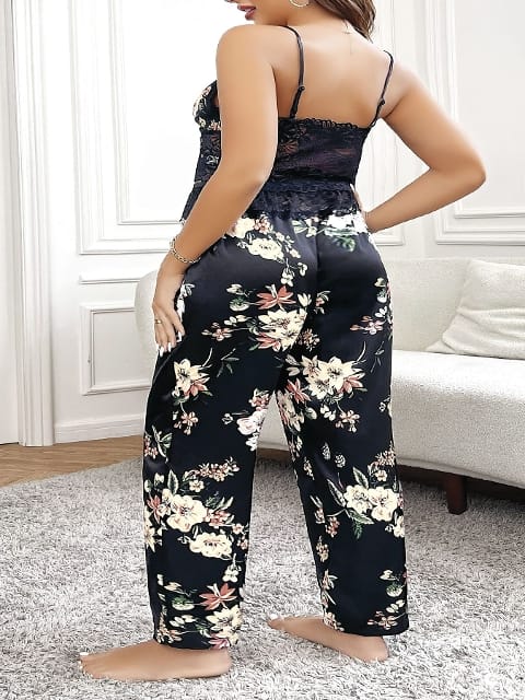 Siyah Çiçekli Saten Pijama Takımı Büyük Beden Pink Night 6911 - 2