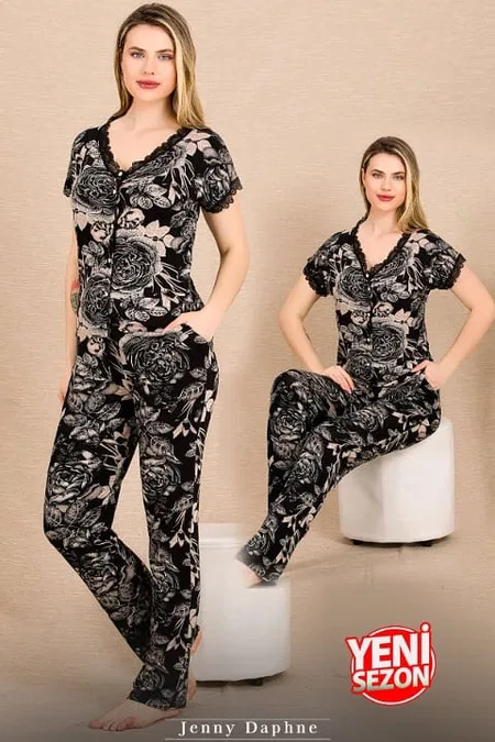 Siyah Çiçekli Desenli Düğmeli Kısa Kollu Pijama Takımı Lady 12499 - Siyah