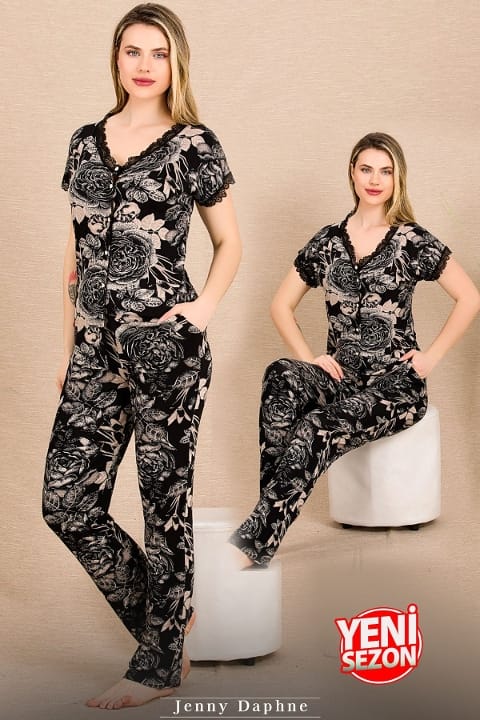 Siyah Çiçekli Desenli Düğmeli Kısa Kollu Pijama Takımı Lady 12499