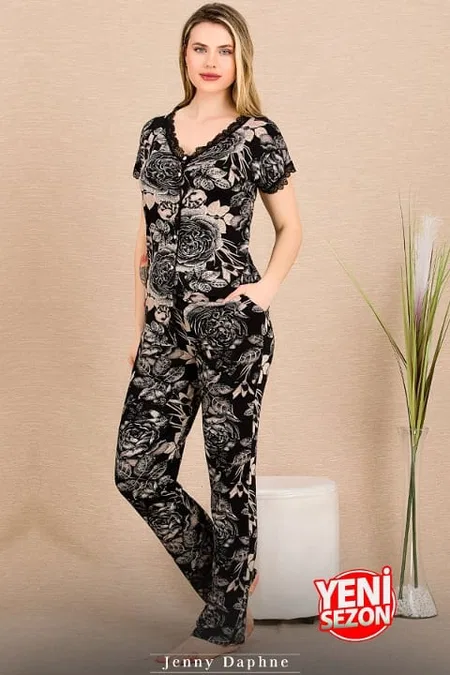 Siyah Çiçekli Desenli Düğmeli Kısa Kollu Pijama Takımı Lady 12499 - Siyah