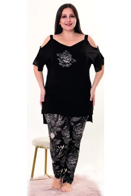 Büyük Beden Siyah Çiçekli Penye Pijama Takımı Lady 10955 - Siyah