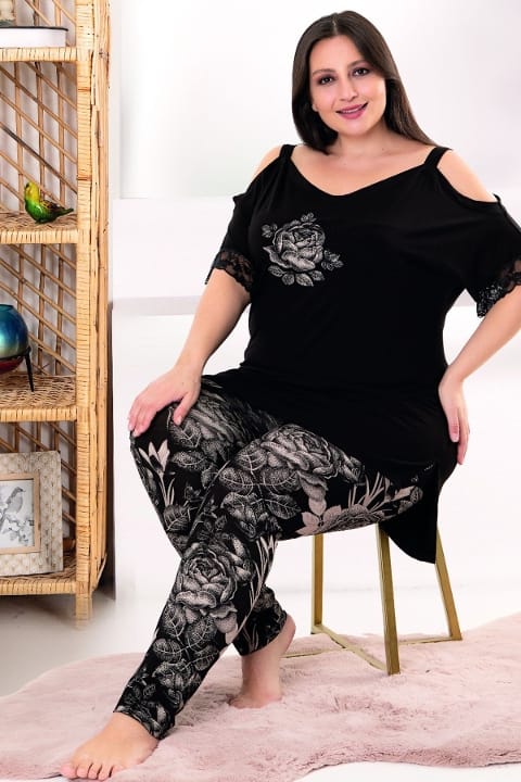 Büyük Beden Siyah Çiçekli Penye Pijama Takımı Lady 10955 - 2