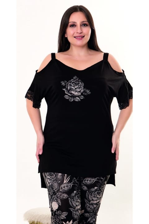 Lady Büyük Beden Siyah Çiçekli Penye Pijama Takımı Lady 10955 - Görsel 3