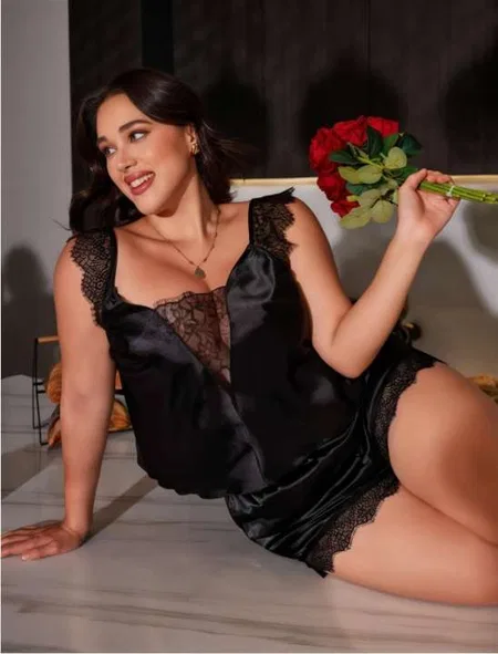 Siyah Dantel Askılı Saten Büyük Beden Şort Takım Real Passione 10008 - Siyah