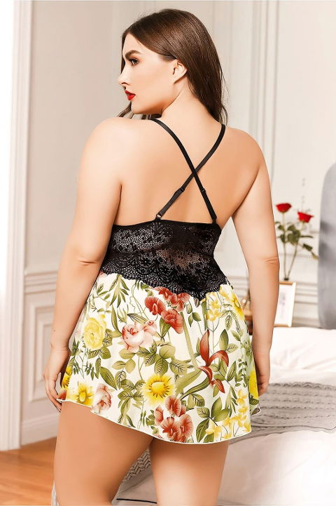 Siyah Dantel Çiçekli Büyük Beden Gecelik Pink Night 6608 - 2