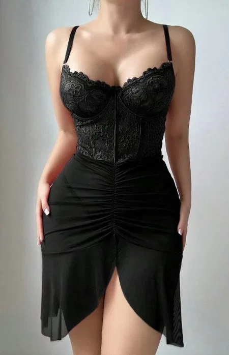 Şeffaf Dantel Detaylı Tek Parça Body Real Passione 4078 - Siyah