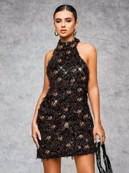 Siyah Gold Işıltılı Dekolteli Midi Elbise Pink Night 1116