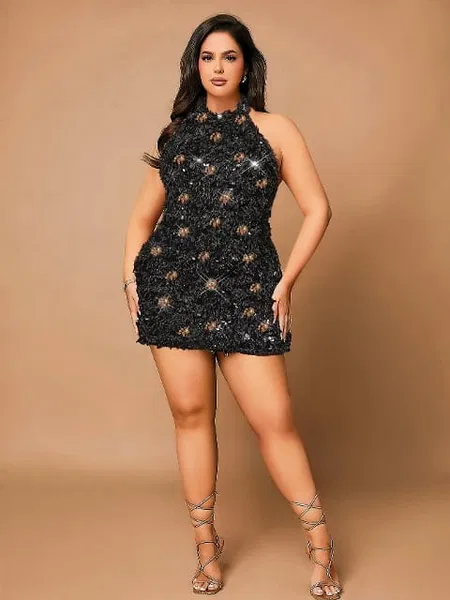 Işıltılı Peluş Boyun Askılı Büyük Beden Mini Elbise Pink Night 6504