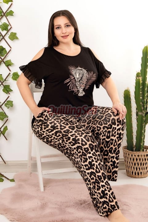 Siyah Leopar Desenli Konforlu Büyük Beden Pijama Takımı Lady 10852 - 2