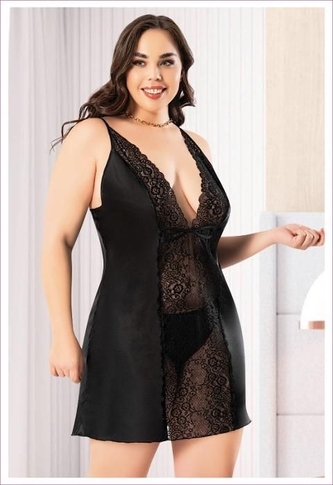 Siyah Dantel Detaylı İnce Askılı Saten Gecelik Miss Laris 4047